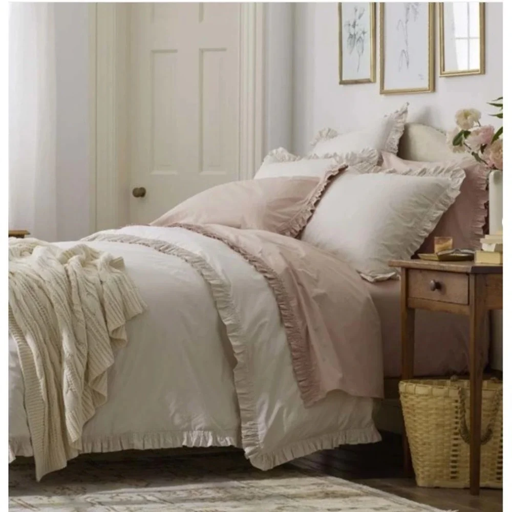 The Company Store Ruffle Garment Washed Cotton Percale Duvet Cover Buff Twin XL
